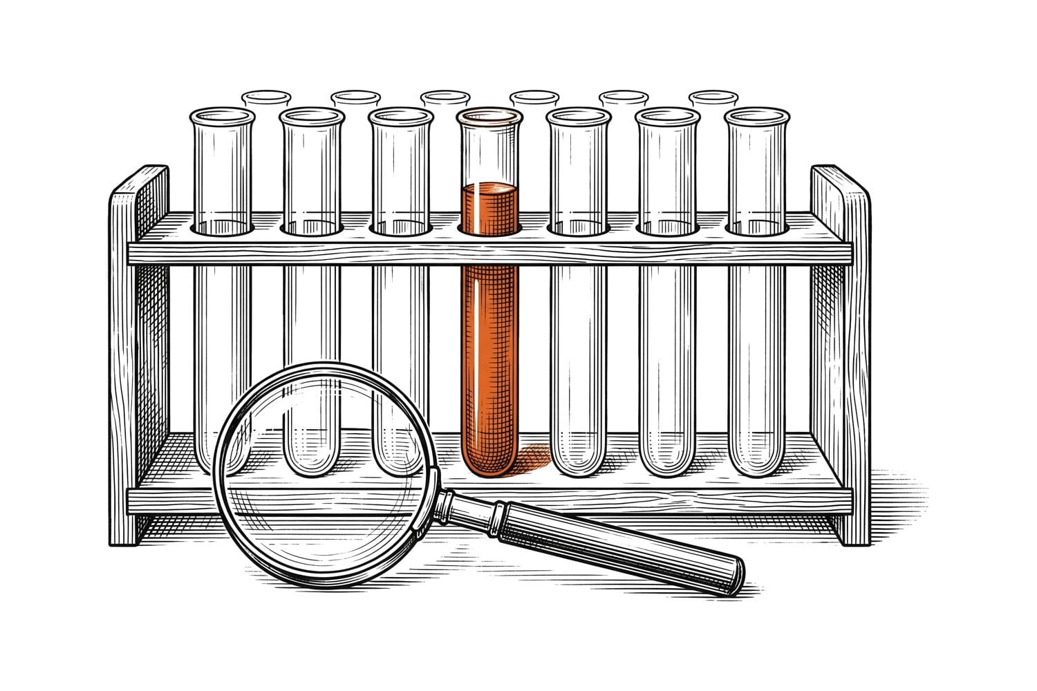 Etching of test tubes in a wooden rack, one holding a burnt orange liquid, with a magnifying glass in front, on white paper