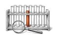 Etching of test tubes in a wooden rack, one holding a burnt orange liquid, with a magnifying glass in front, on white paper