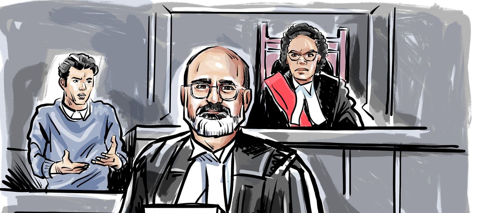 Court sketch of a witness testifying as robed defence counsel and the judge listen