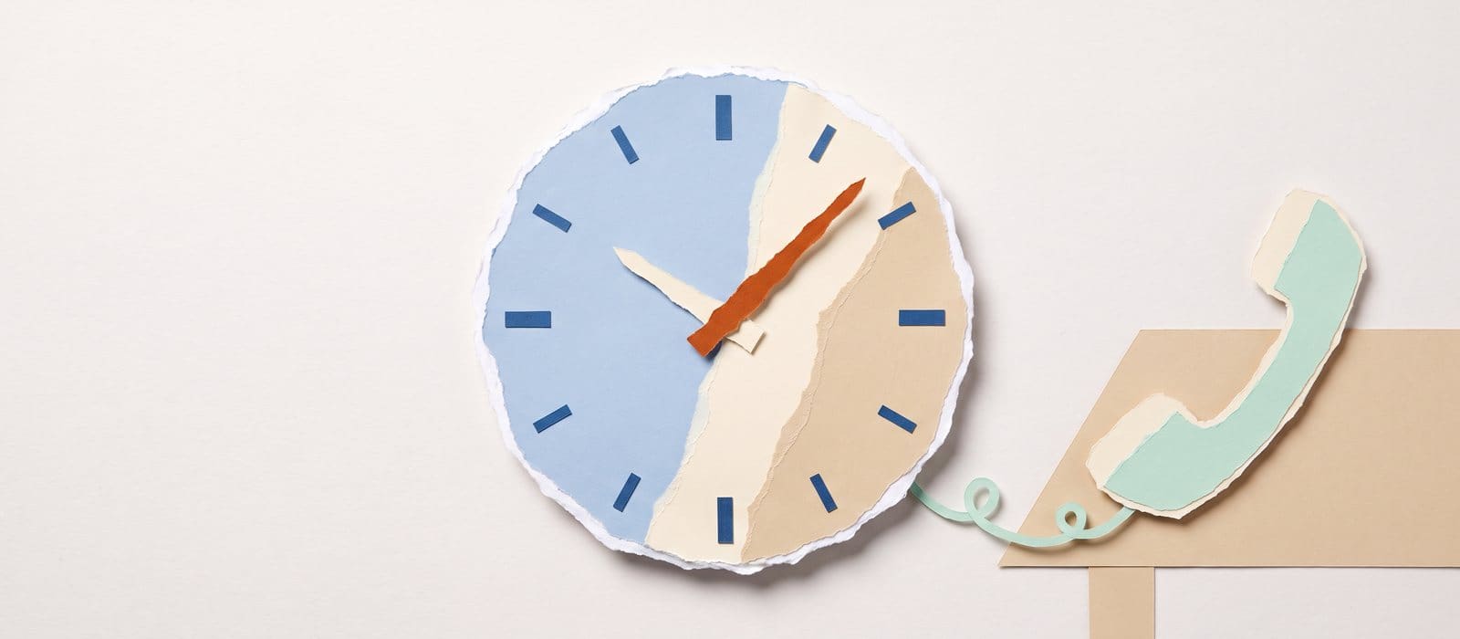 Torn-paper collage of a round clock beside a telephone handset, one clock hand in burnt orange