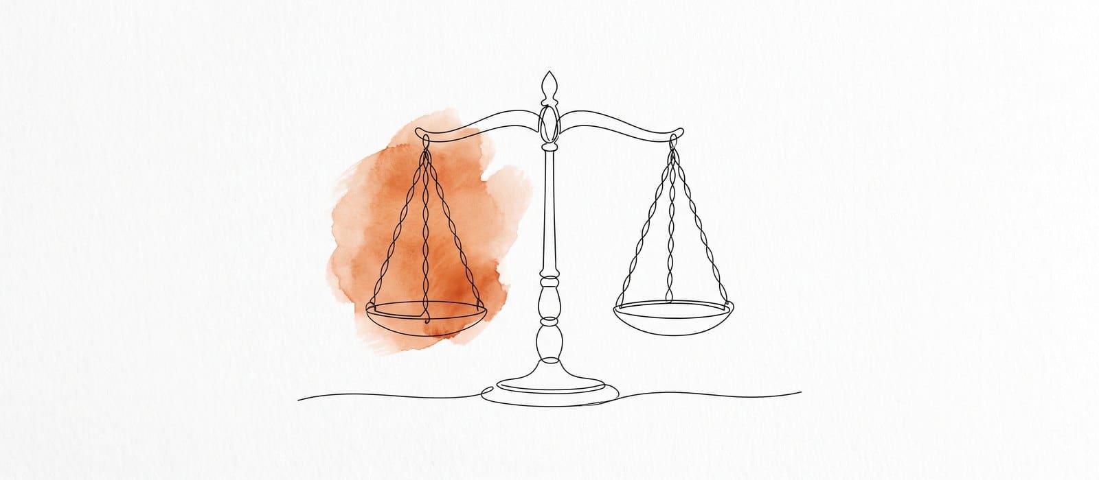 Single-line ink drawing of a balance scale with a burnt-orange watercolour wash behind one pan