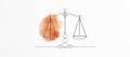 Single-line ink drawing of a balance scale with a burnt-orange watercolour wash behind one pan