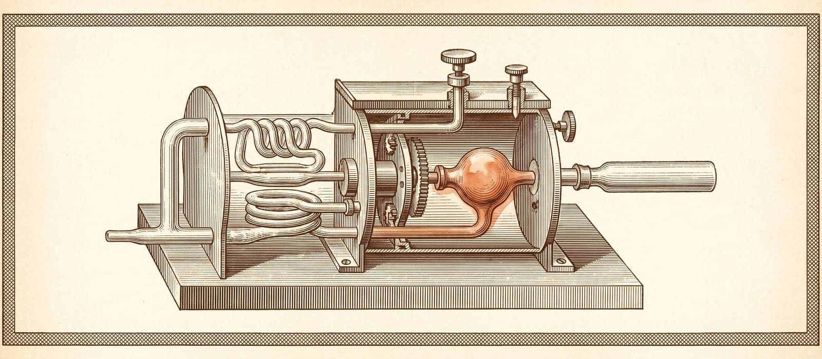 Engraving-style illustration of a breath-testing instrument cut away to show its chamber and tubes