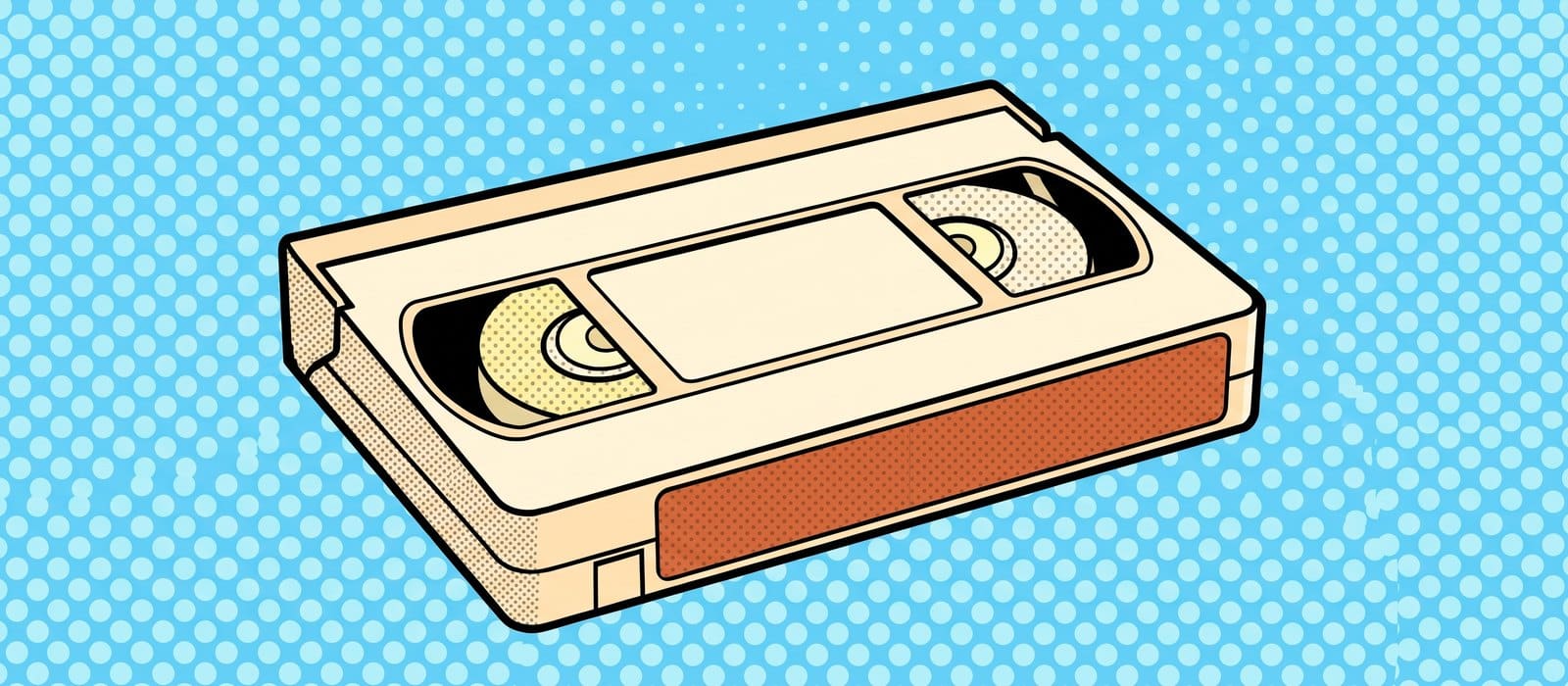 Pop-art comic illustration of a vintage video cassette with a burnt-orange label, on pale-blue Ben-Day dots