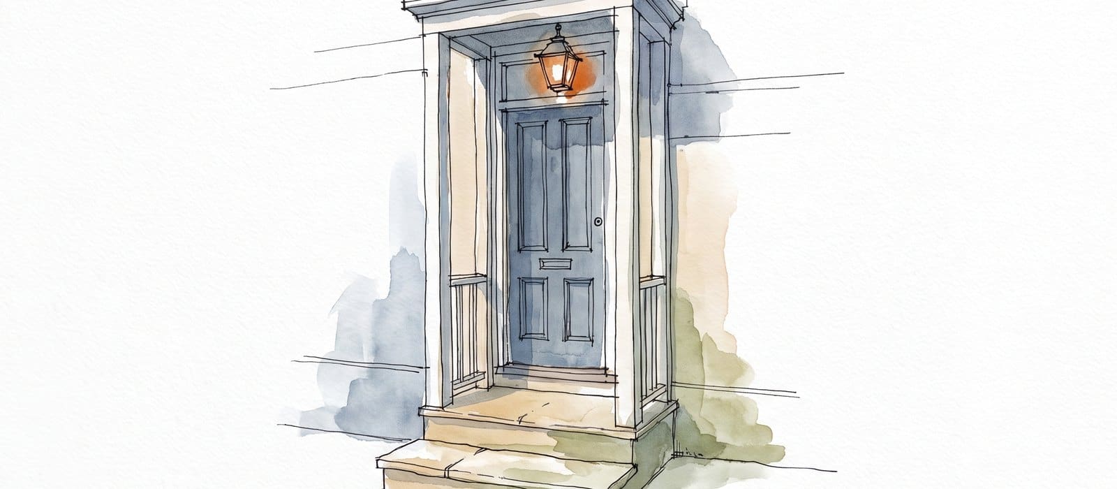 Urban sketch in pen and watercolour of a house front door with a lit porch lamp above it in blue evening light