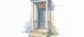 Urban sketch in pen and watercolour of a house front door with a lit porch lamp above it in blue evening light