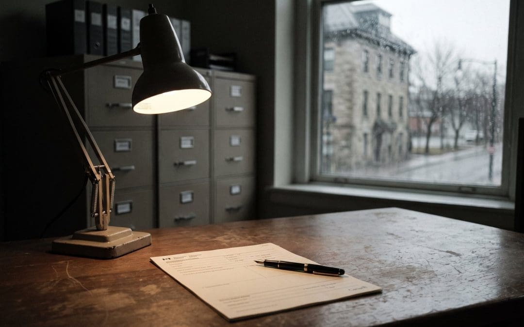 Government records office desk with a blank official form and a pen under a desk lamp