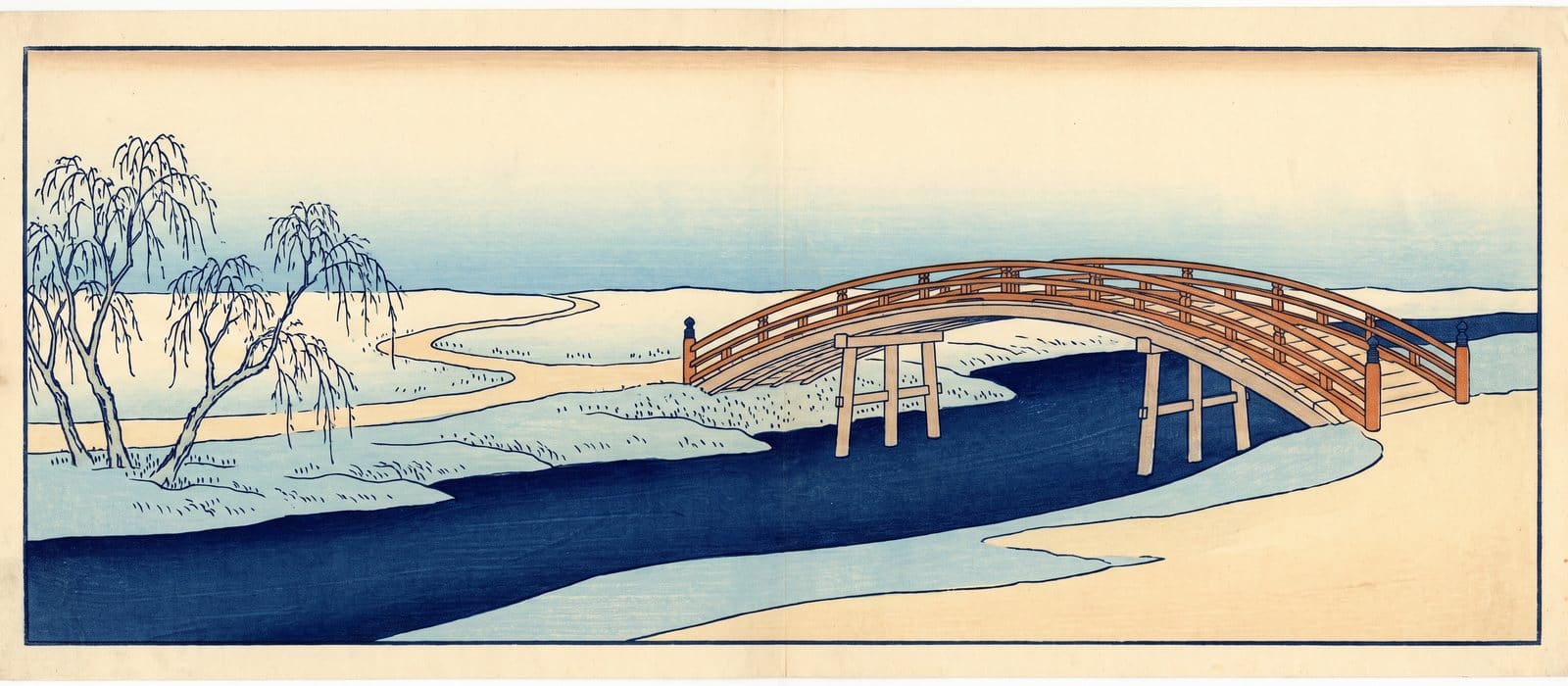 Japanese woodblock print of an arched wooden bridge with an orange railing crossing an indigo stream
