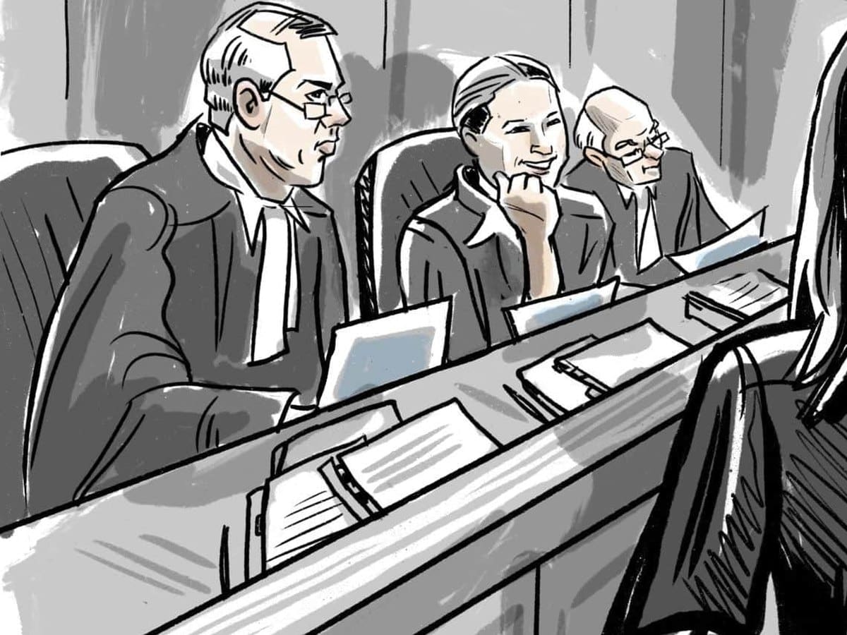 Court sketch of three appeal judges on the bench listening to counsel, seen over counsel's shoulder