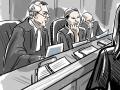 Court sketch of three appeal judges on the bench listening to counsel, seen over counsel's shoulder