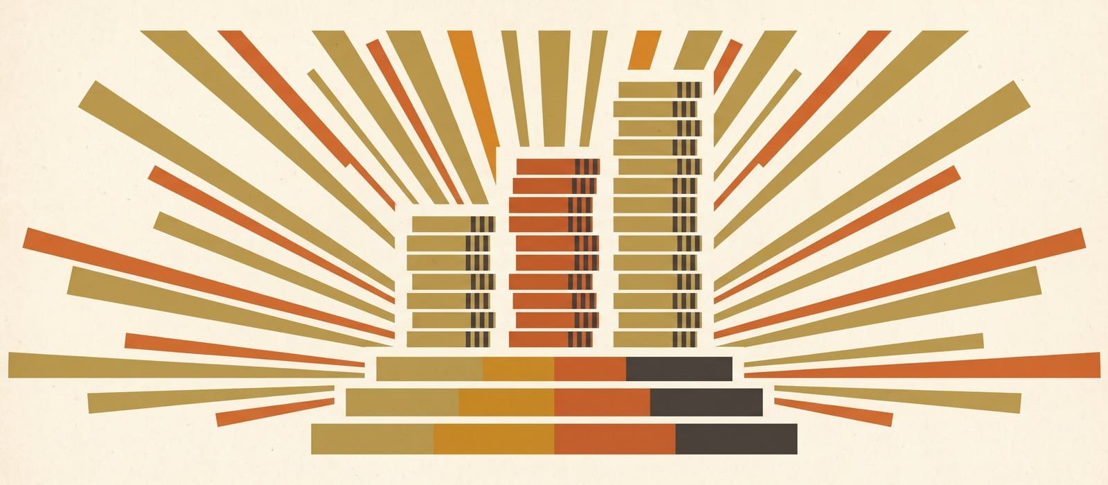 Art Deco poster of three rising columns of coins on one plinth, the middle column in orange