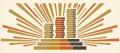 Art Deco poster of three rising columns of coins on one plinth, the middle column in orange