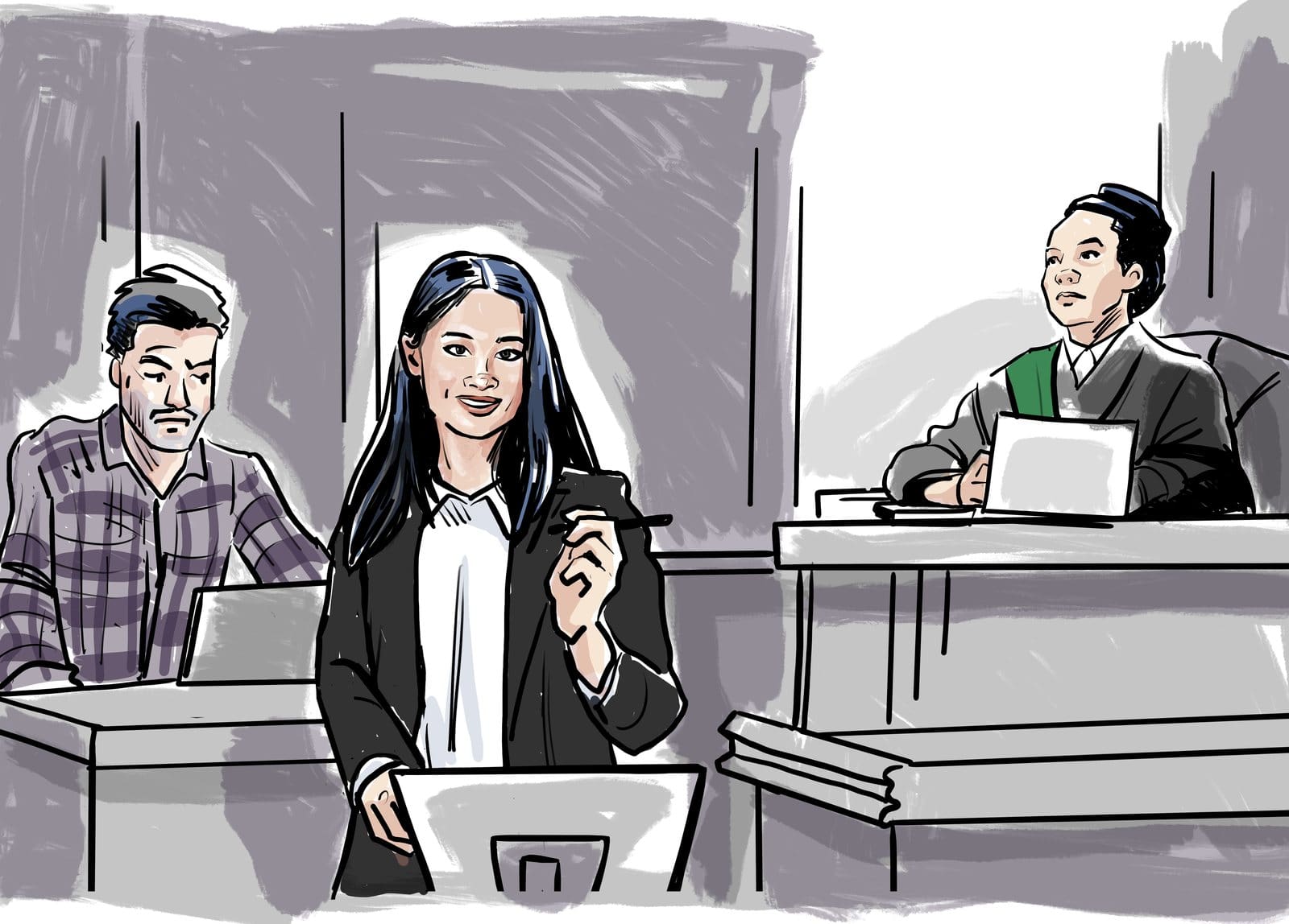 Court sketch of defence counsel addressing the court from the counsel table