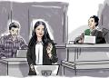 Court sketch of defence counsel addressing the court from the counsel table