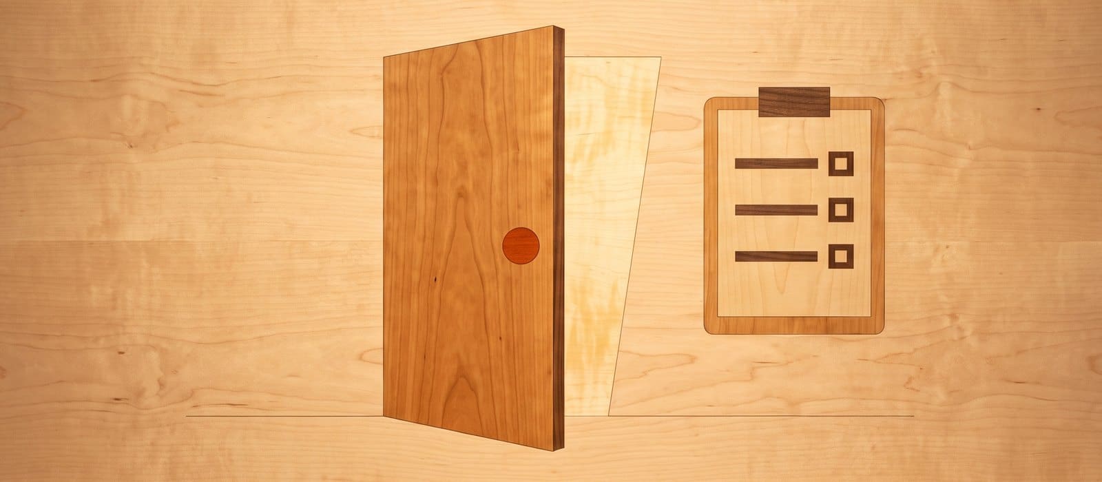 Marquetry wood-inlay panel of a cherry door standing open with a burnt-orange handle, beside a clipboard checklist