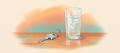 A retro airbrush illustration of a car key on a keyring lying on a table beside a glass of iced water, in sunset orange and teal