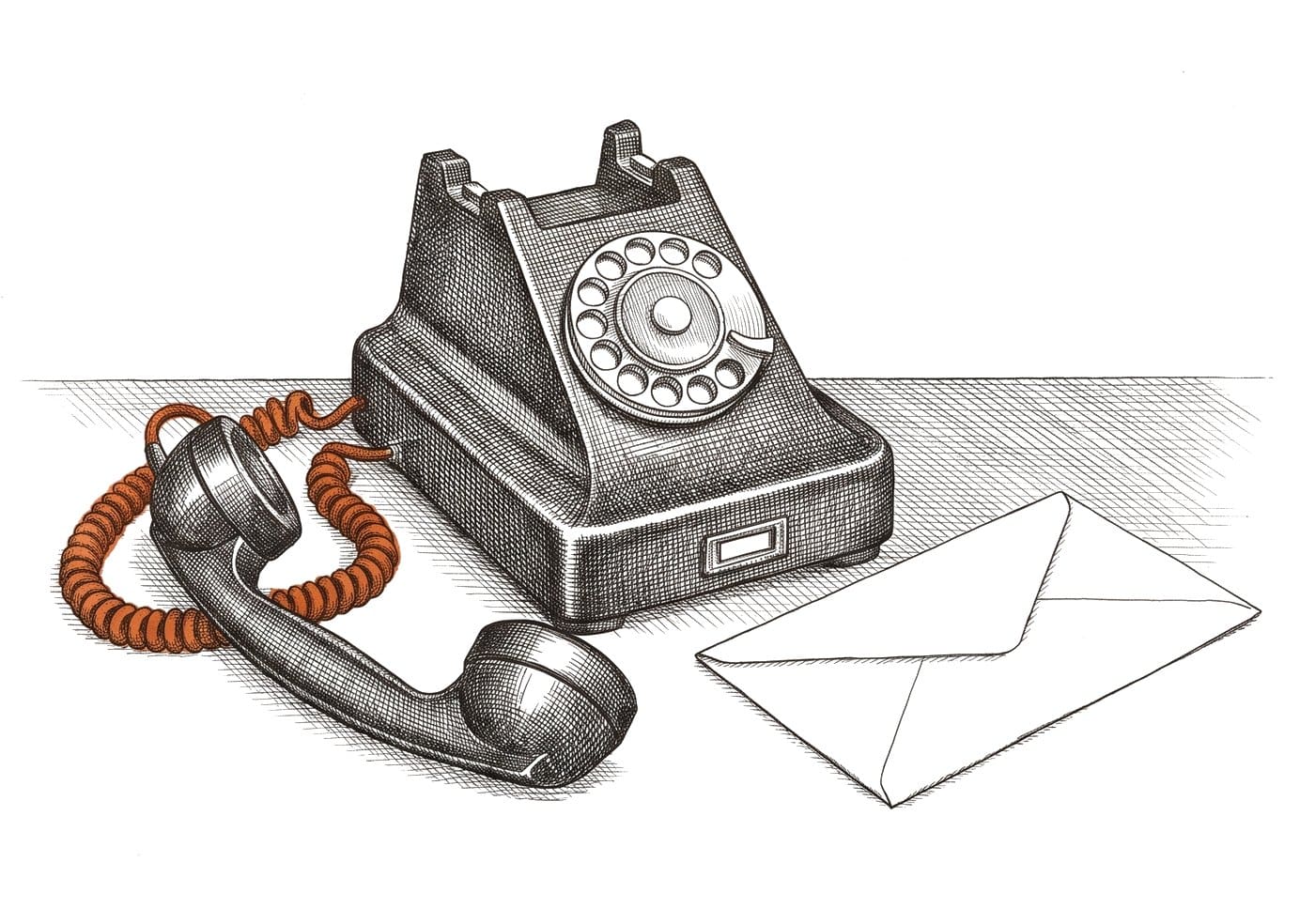Etching of an old rotary telephone with its handset off the hook beside a sealed envelope, on white paper