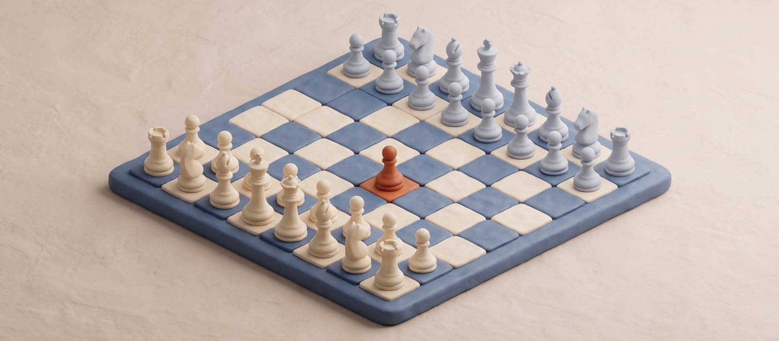 Clay-style 3D chessboard in dusty blue and cream with one orange piece in the centre