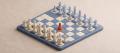 Clay-style 3D chessboard in dusty blue and cream with one orange piece in the centre