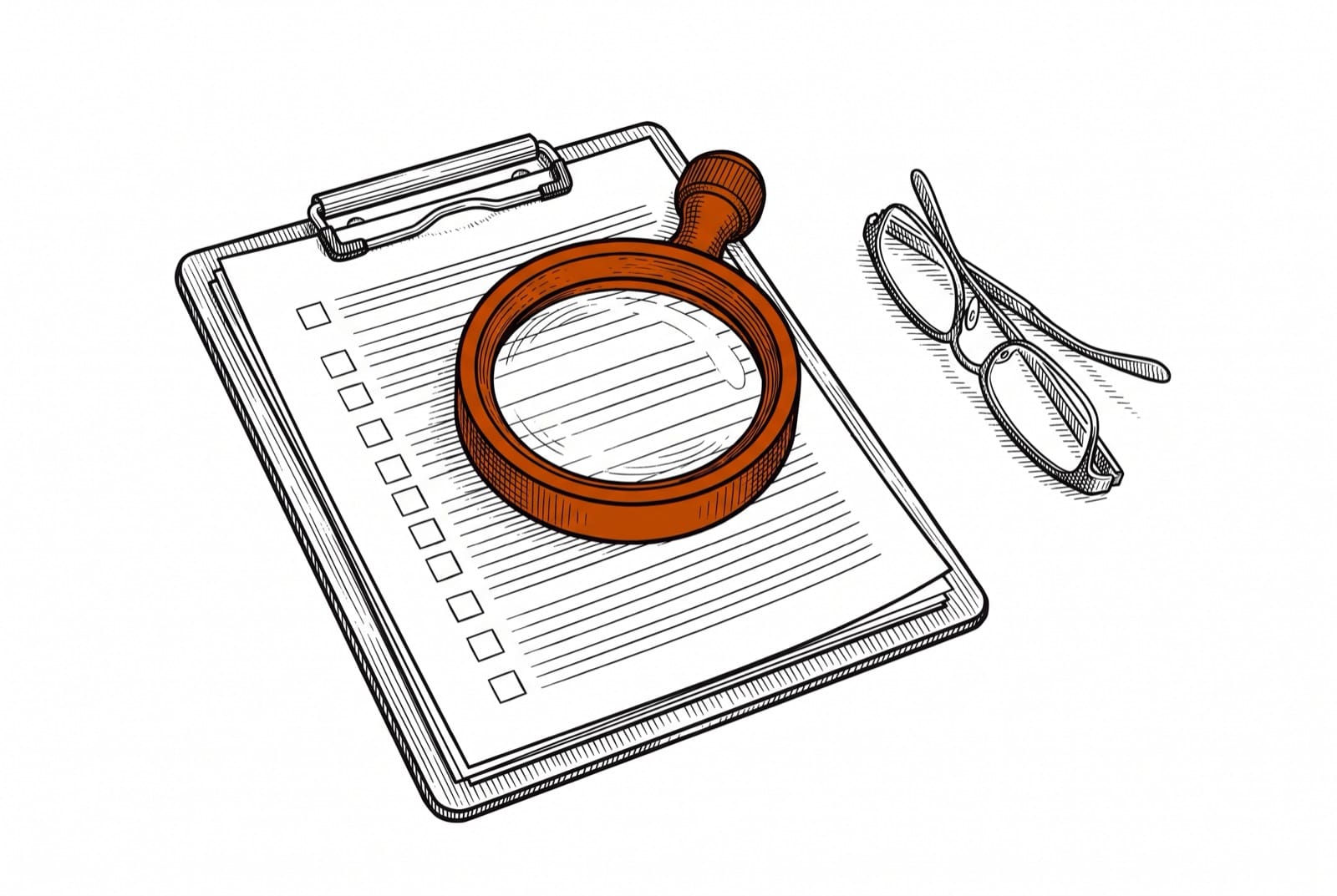 Etching of a magnifying glass resting on a clipboard of blank inspection forms beside a pair of reading glasses, on white paper
