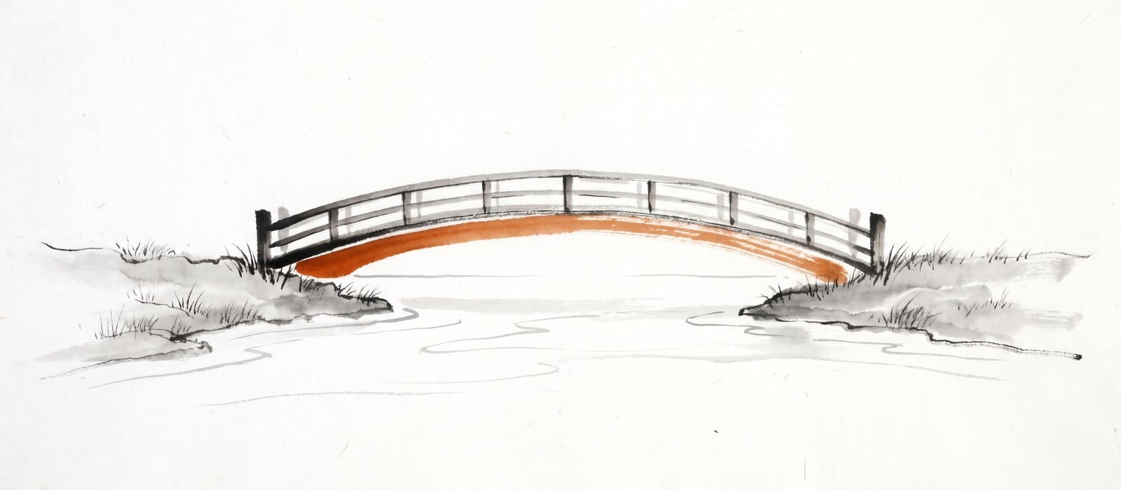 Japanese ink-wash painting of an arched footbridge joining two riverbanks, the arch washed in burnt orange