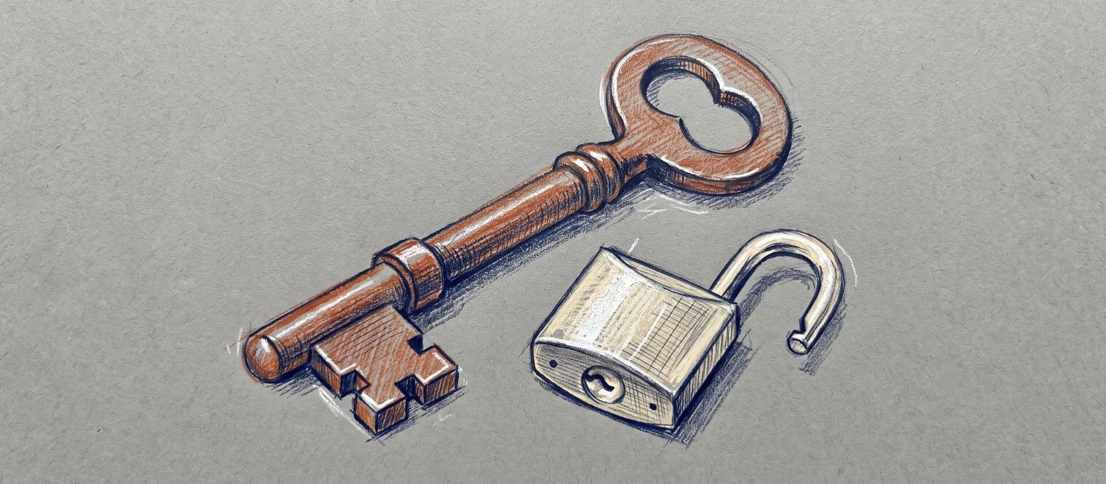Coloured-pencil drawing on grey paper of an old burnt-orange key beside an open cream padlock