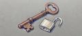 Coloured-pencil drawing on grey paper of an old burnt-orange key beside an open cream padlock