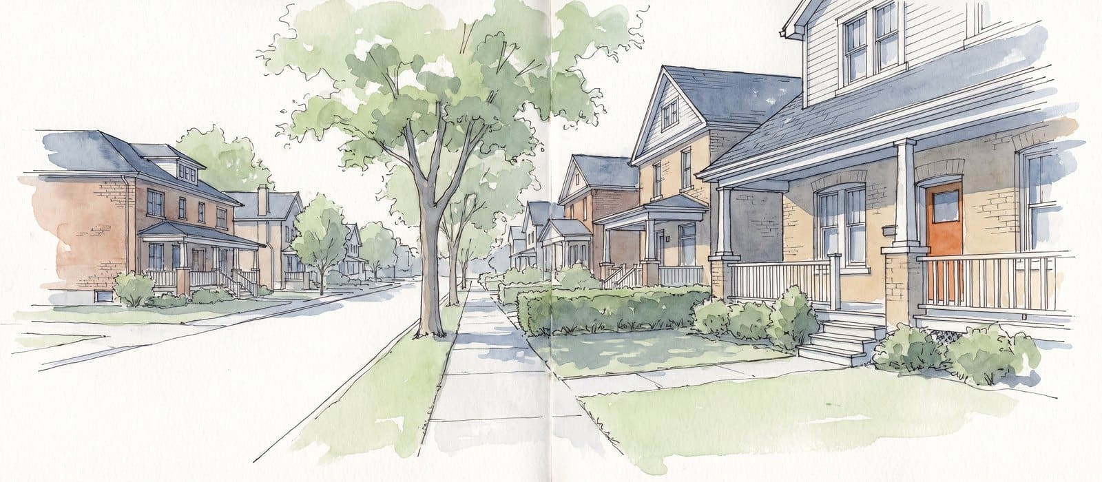 Urban sketch in pen and watercolour of a quiet residential street of houses with front porches and street trees
