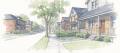 Urban sketch in pen and watercolour of a quiet residential street of houses with front porches and street trees