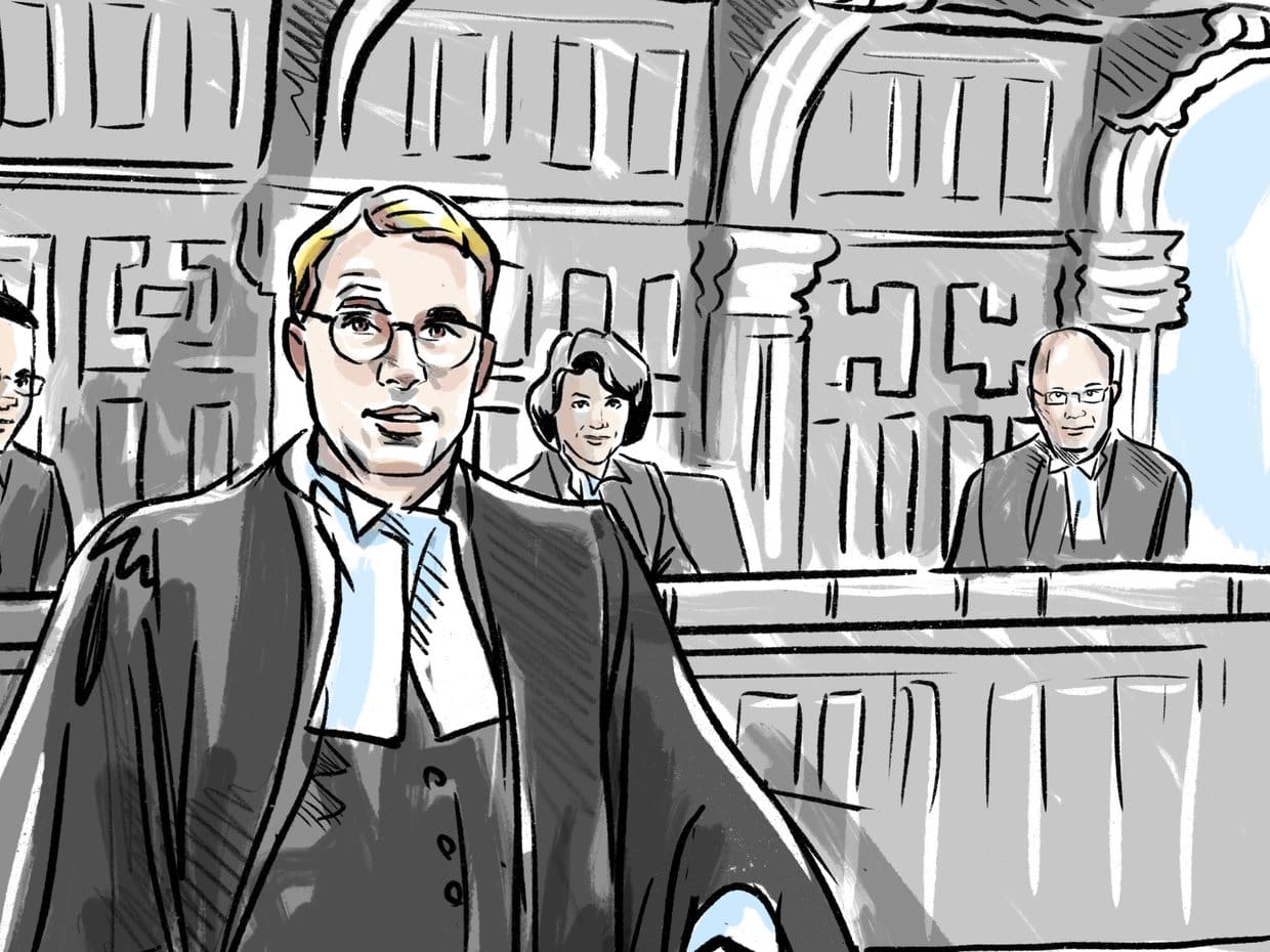 Court sketch of robed defence counsel before a panel of judges in a historic courtroom