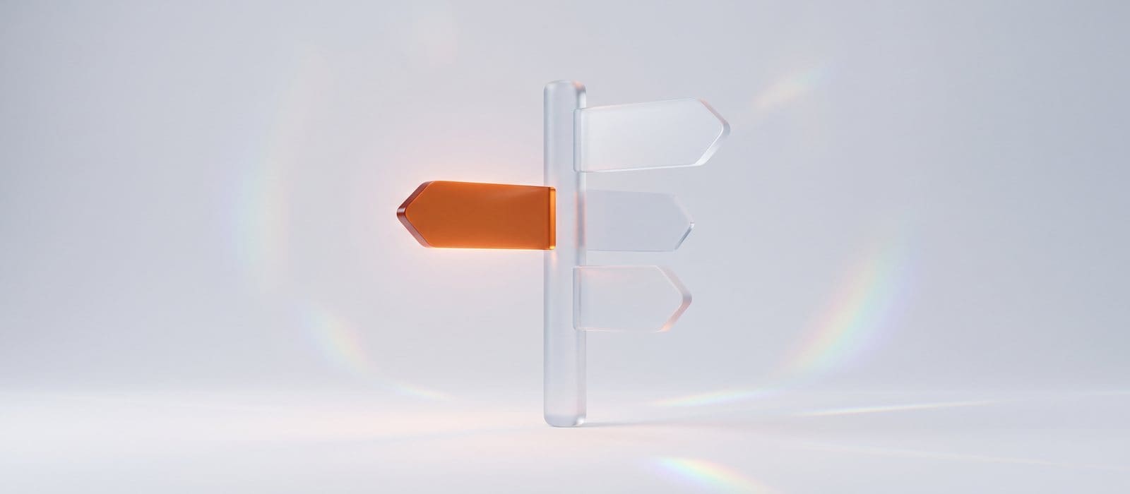 Frosted glass signpost with blank arrows, one arrow glowing orange