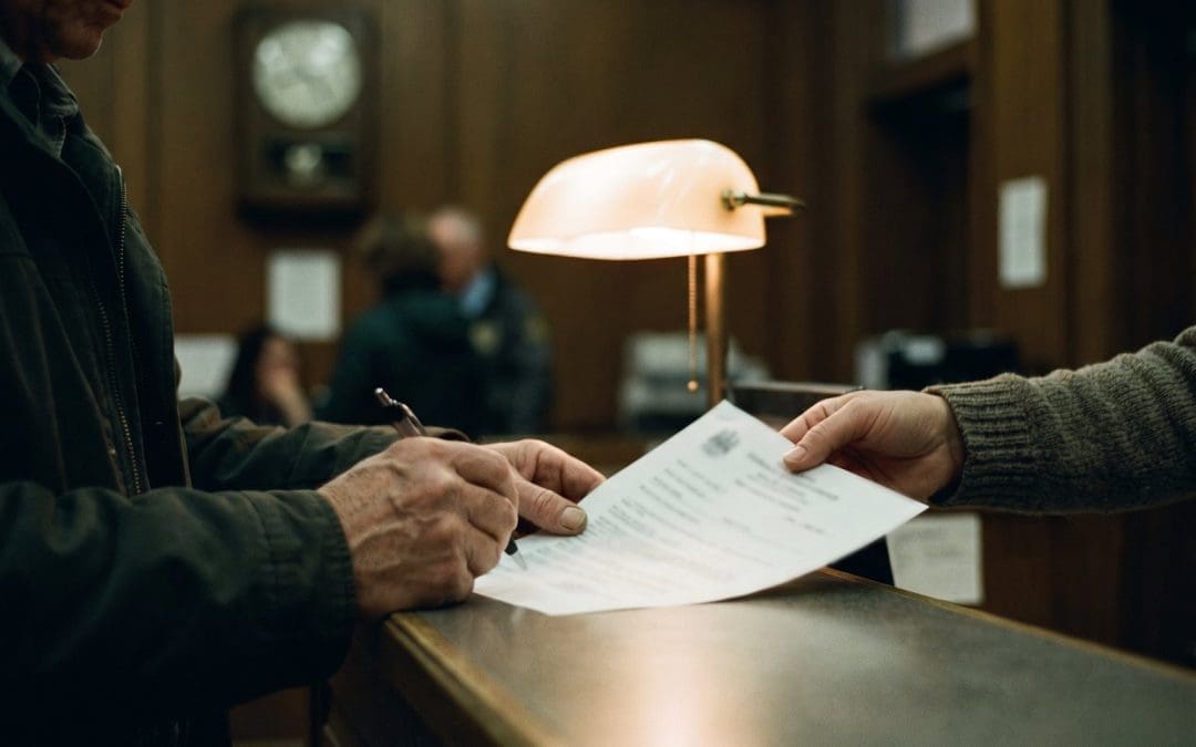 Hands signing a bail document at a courthouse counter as a clerk slides the paper across