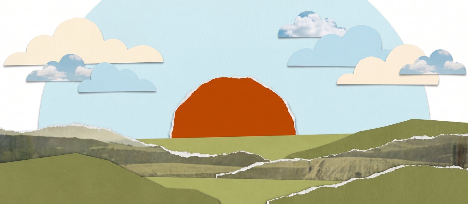 Paper collage of a burnt-orange sun rising over torn-paper olive hills under a sky-blue sky with cut-paper clouds