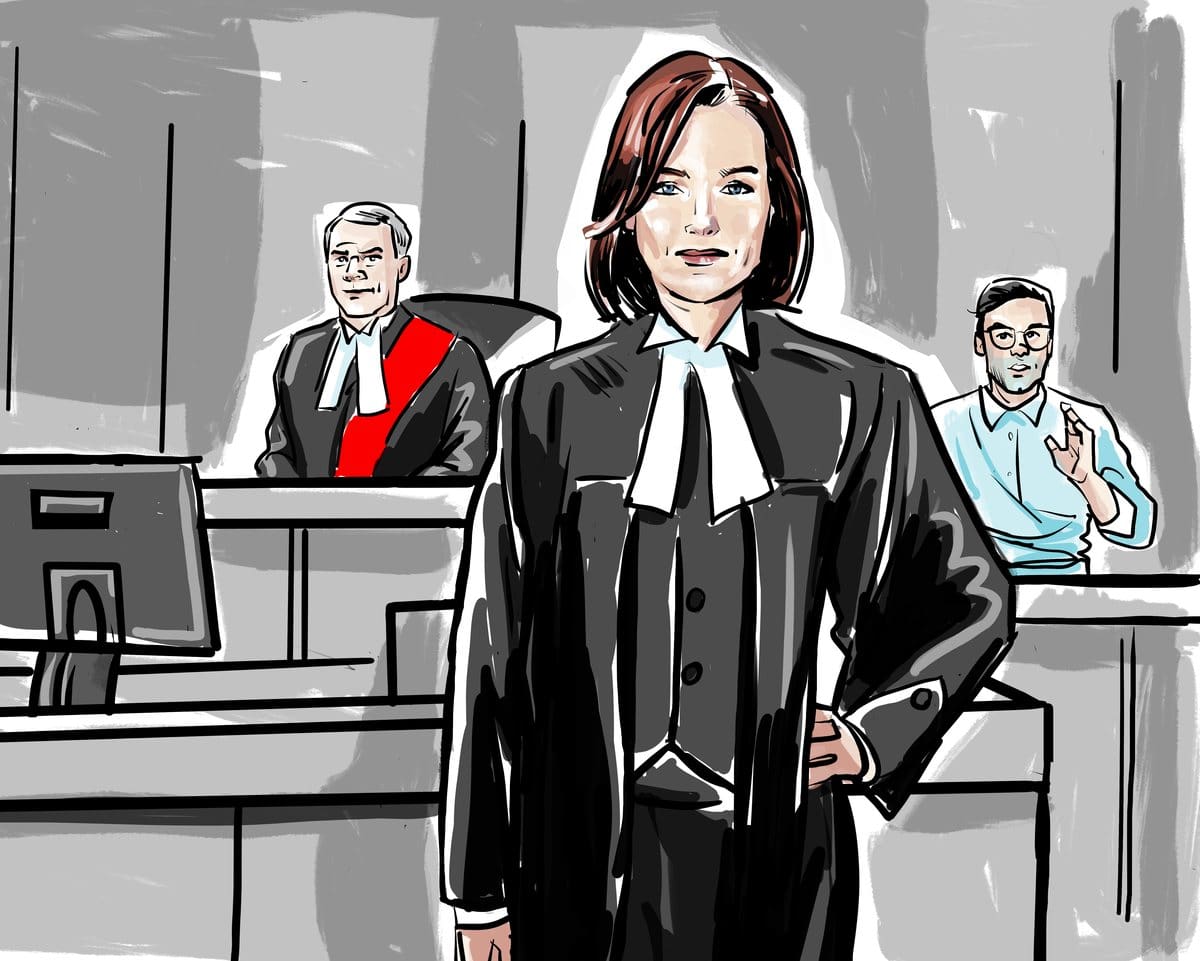 Court sketch of robed defence counsel in front of the bench, with the judge and a witness behind