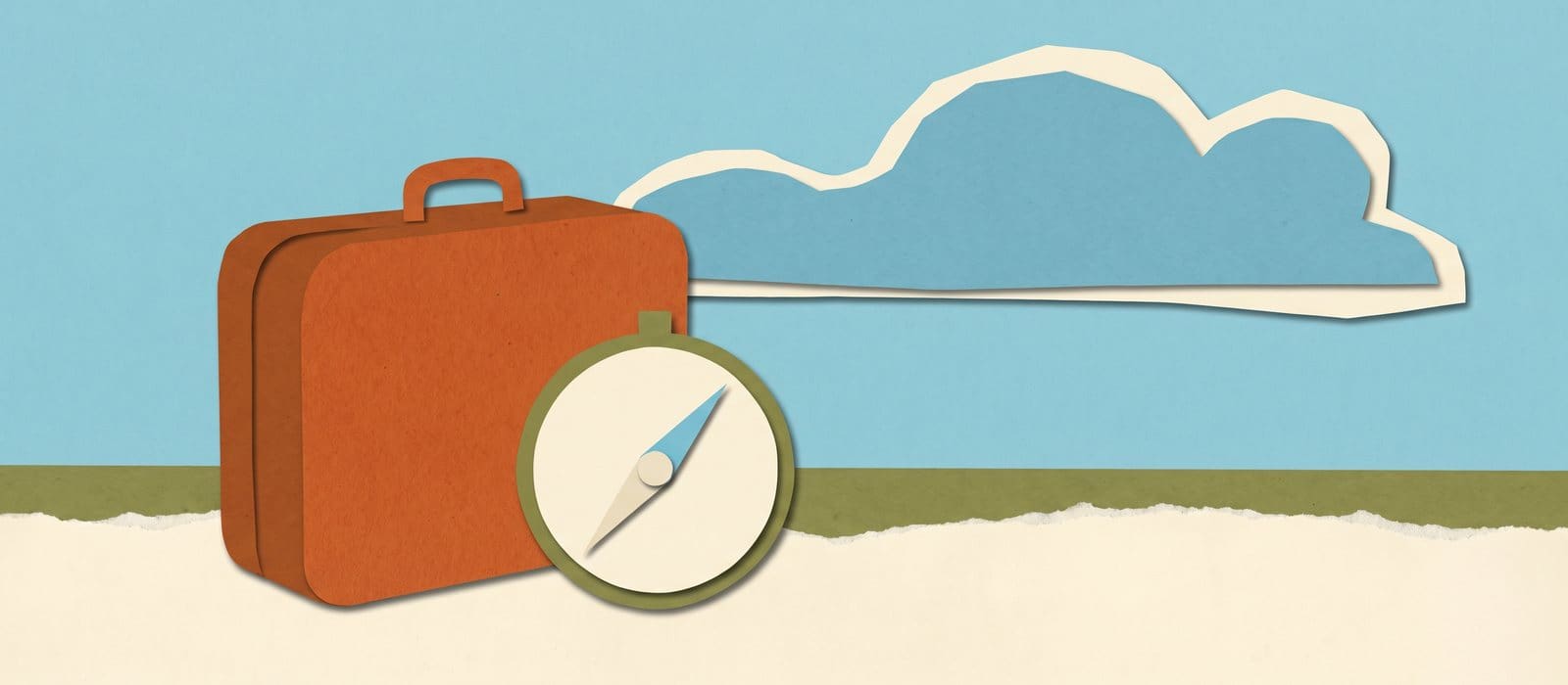 Paper collage of a burnt-orange suitcase with a plain paper compass leaning against it under a sky-blue sky