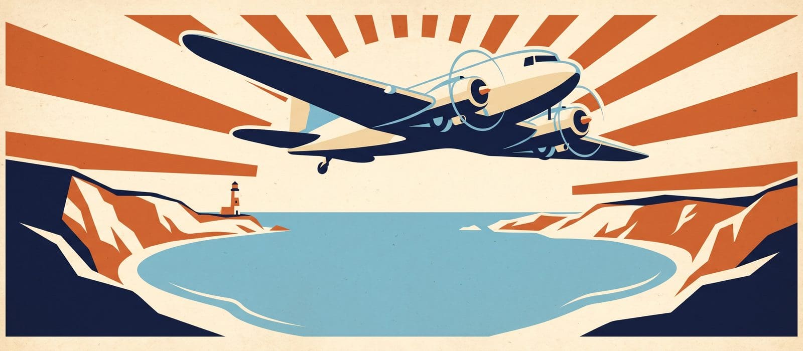 Vintage travel-poster illustration of a 1930s airliner flying over a coastline with a lighthouse under orange sun rays