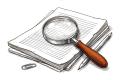 Etching of a magnifying glass resting on a stack of printed pages of a message log, with a pencil and a paper clip, on white paper