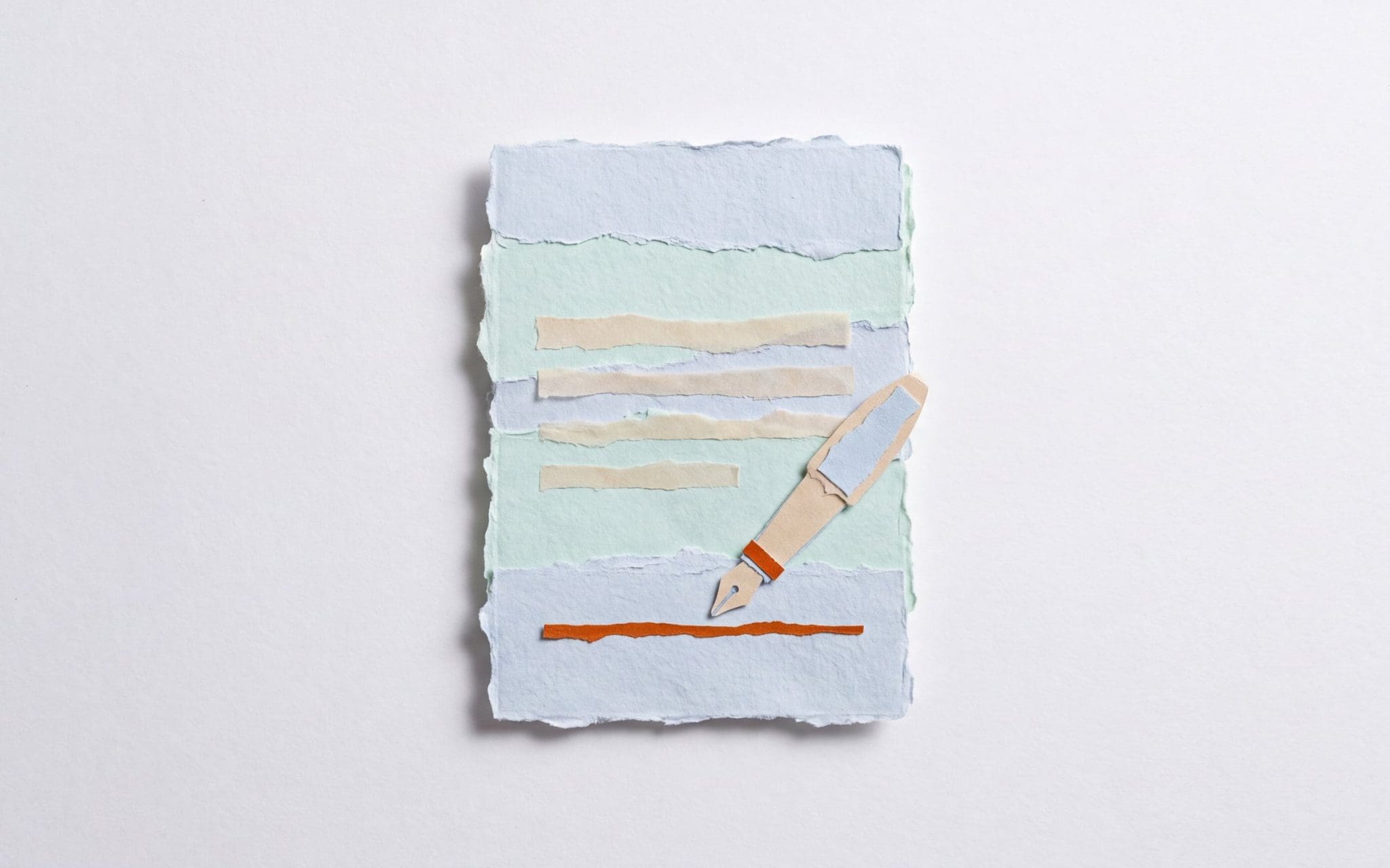 Torn-paper collage of a blank form with an empty burnt-orange signature line and a pen resting just above it
