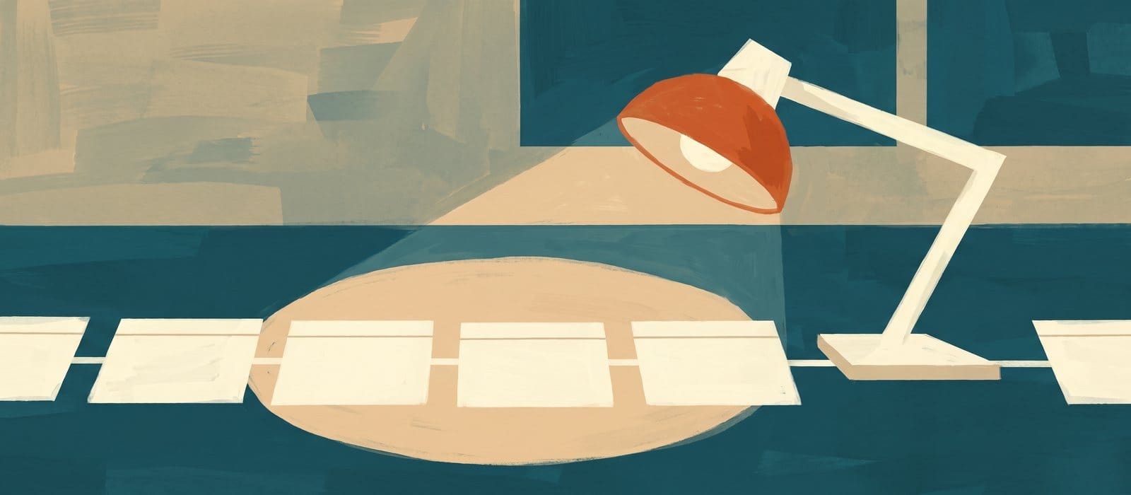 Gouache illustration of a desk lamp lighting blank index cards laid out in a timeline