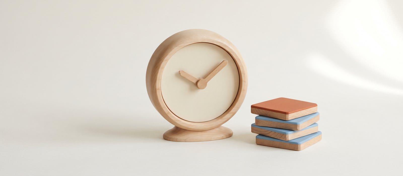 Turned-wood toy clock with a plain cream face beside a small stack of blue and orange wooden tiles