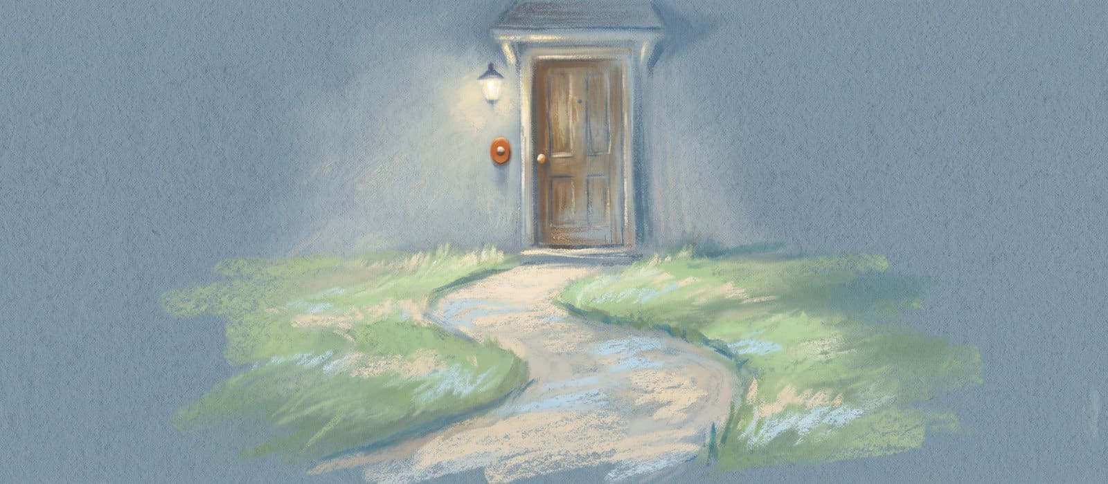 Soft pastel drawing on blue-grey paper of a garden path leading to a front door with a porch light and an orange doorbell