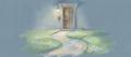 Soft pastel drawing on blue-grey paper of a garden path leading to a front door with a porch light and an orange doorbell