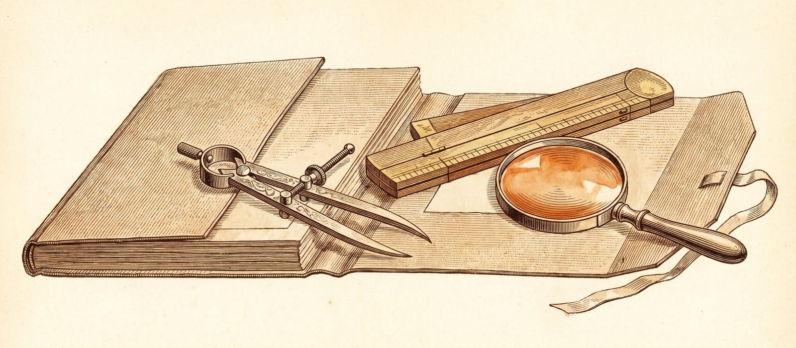 Engraving-style illustration of an open case file with calipers, a ruler and a magnifying lens