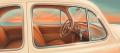 A retro airbrush illustration looking through the open window of a parked car at an empty driver's seat, with a key left in the ignition at sunset