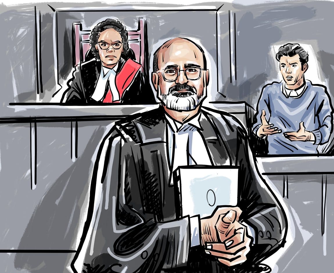 Court sketch of robed defence counsel holding a tablet while a witness testifies before the judge