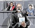 Court sketch of robed defence counsel holding a tablet while a witness testifies before the judge