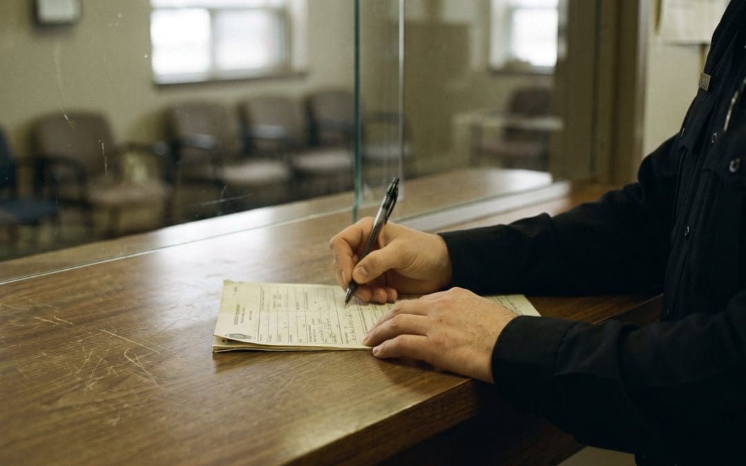 Hands taking down a report on a form at the public front counter of a police station