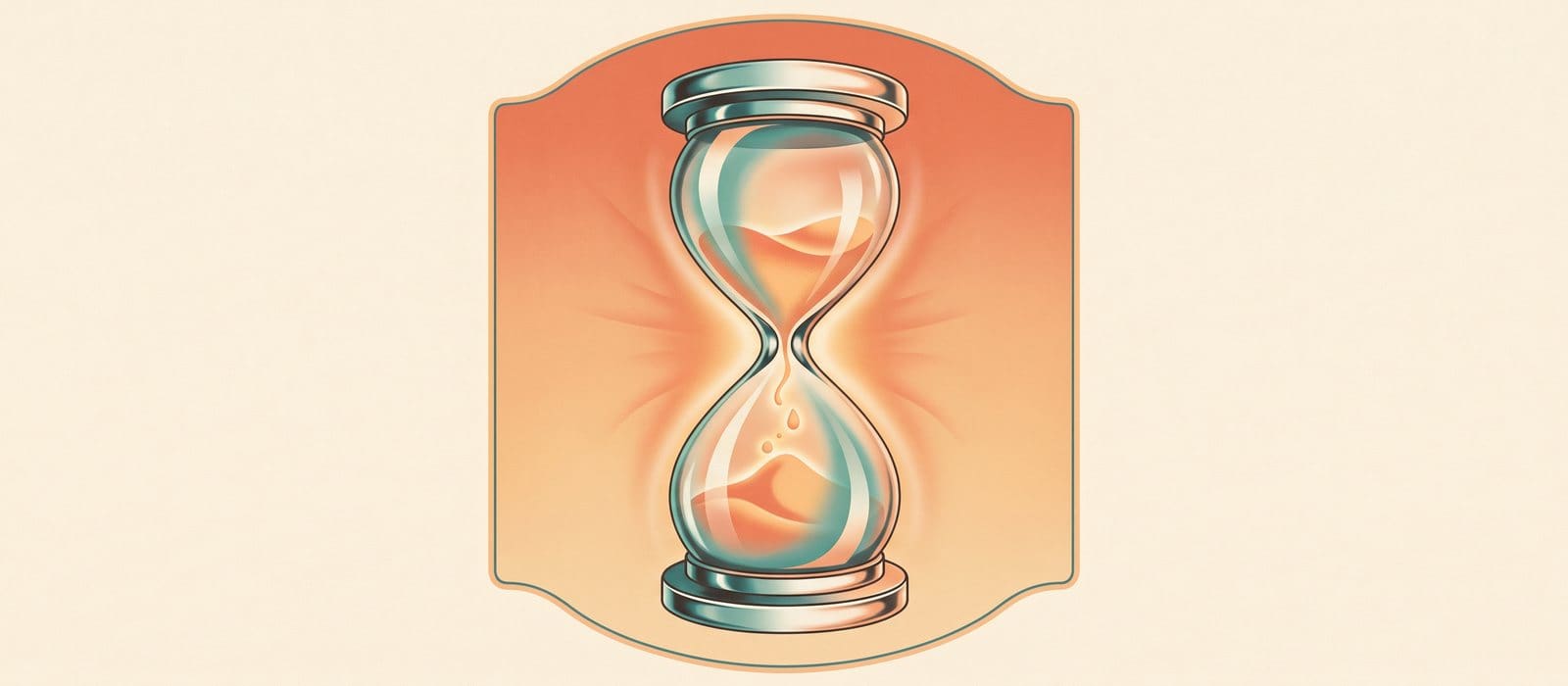 A retro airbrush illustration of a chrome and glass hourglass with orange sand running through it