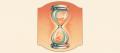 A retro airbrush illustration of a chrome and glass hourglass with orange sand running through it