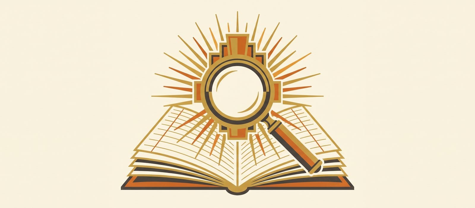 Art Deco poster of a magnifying glass held over an open ledger with rays of light